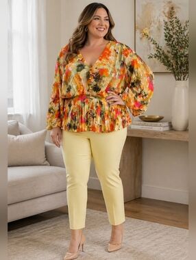 Vibrant Pleated V-Neck Blouse in Orange, Yellow & Pink
